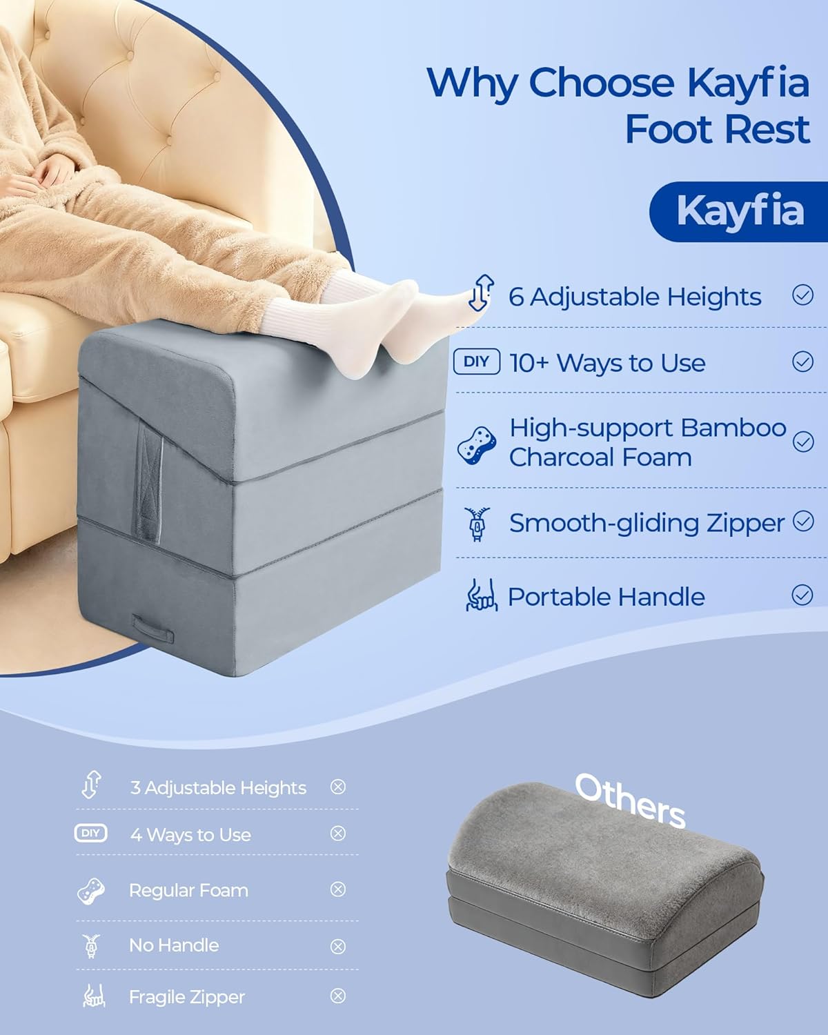 Kayfia Adjustable Heights Foot Rest for Under Desk at Work, Grey | Ergonomic High-Density Bamboo Charcoal Foam Footrest with Washable Cover, Leg Rest Back Pillow for Office Home - Image 7